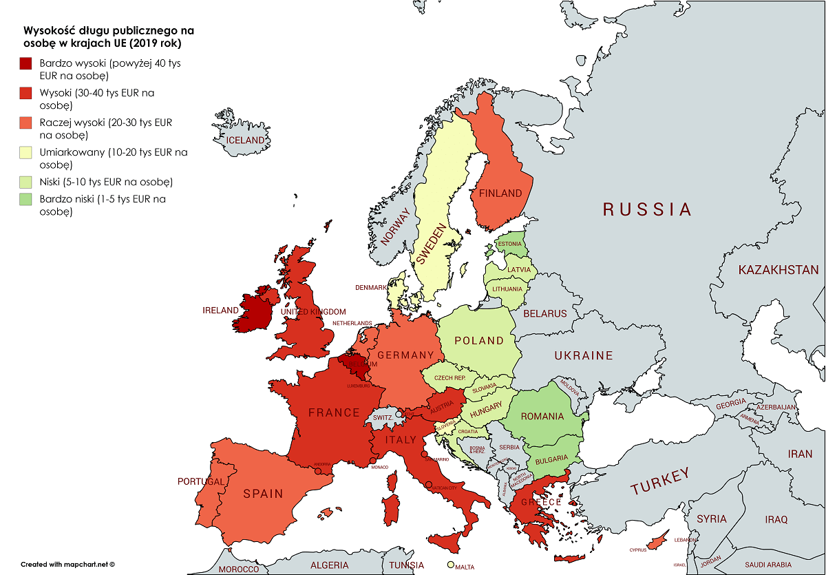 Dług publiczny na osobę w krajach UE 2019